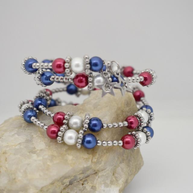 Red White and Blue American Patriot Star Memory Beaded Bracelet